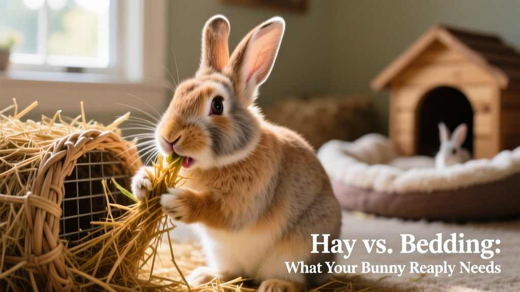 Rabbit actively eating fresh timothy hay from a woven hay rack