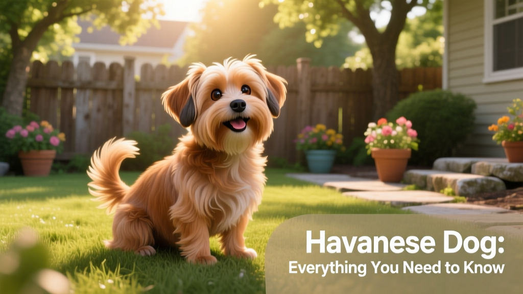 A happy Havanese dog sitting in a sunlit backyard, tail wagging and ears perked