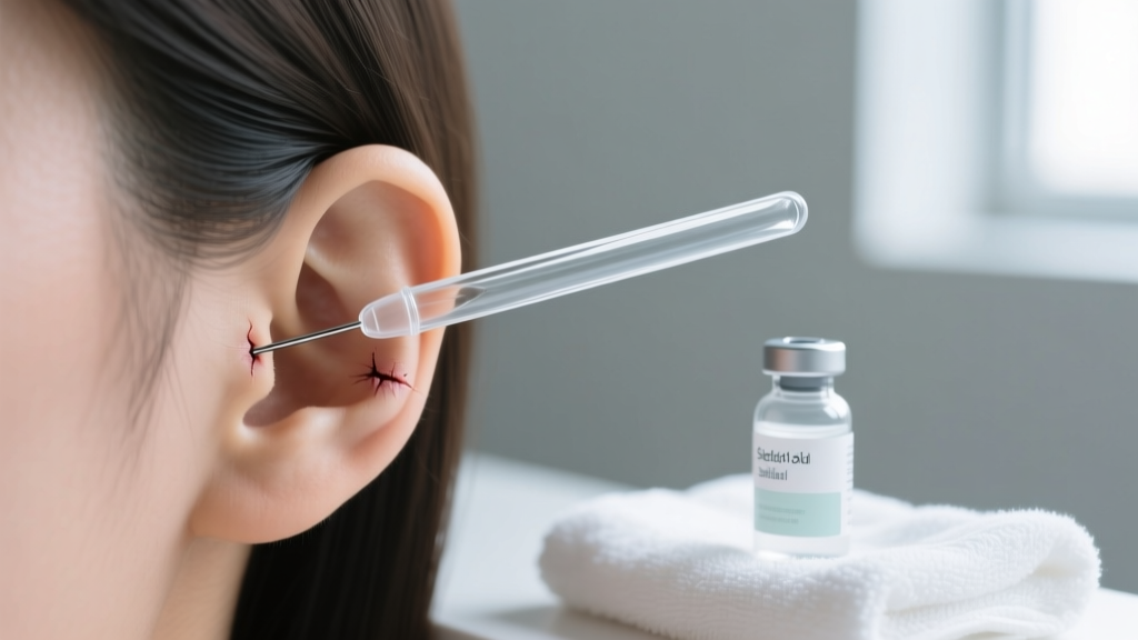 A sterile glass taper gently guided through a healed earlobe piercing, alongside a bottle of sterile saline on a clean towel