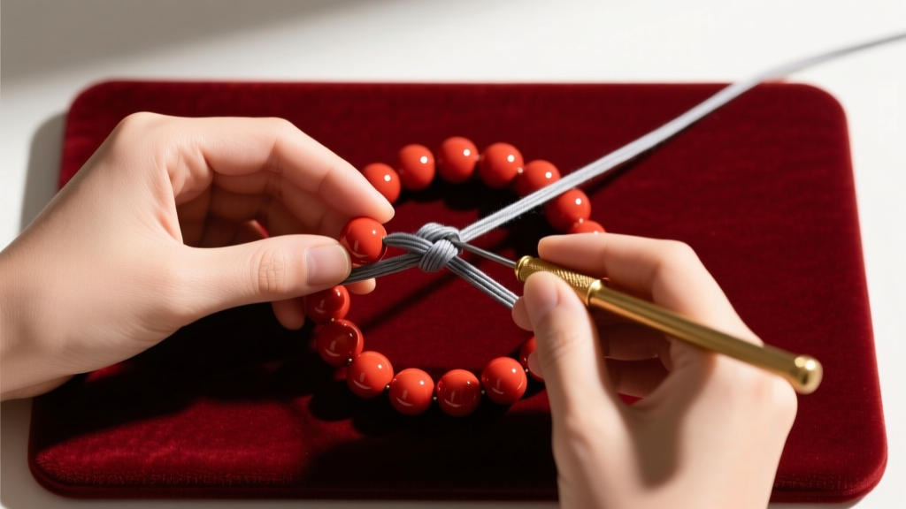 Overhead view of a jeweler knotting gray silk thread between spherical red coral beads using a fine awl tool on a velvet mat