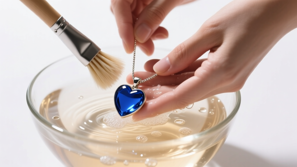 Hands washing a blue heart pendant necklace with a soft brush in a glass bowl of warm soapy water under bright studio lighting.