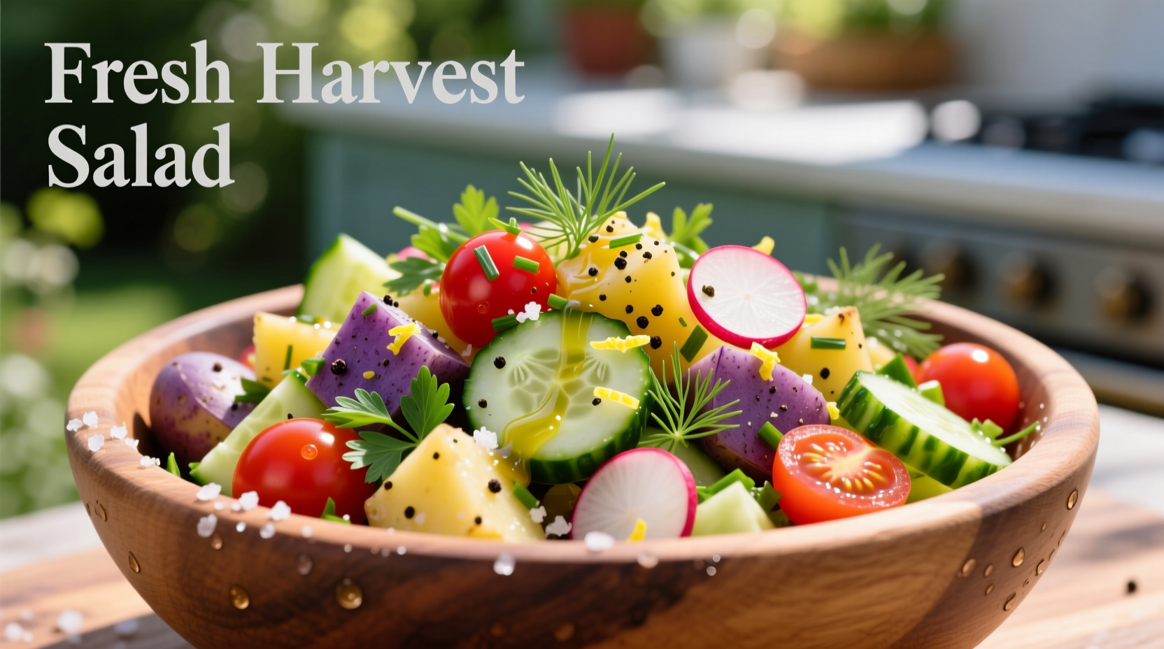 Colorful potato salad with fresh herbs and vegetables