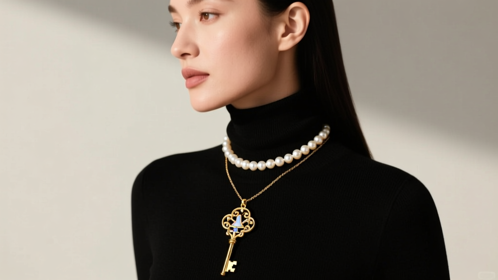 Woman wearing a delicate gold vermeil Alice in Wonderland key pendant layered with a pearl choker over a black turtleneck sweater.