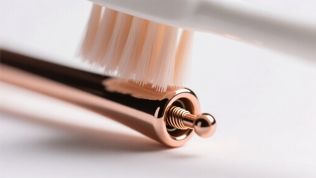 Soft toothbrush cleaning the internal threads of a 16-gauge rose gold labret post under bright, focused studio lighting.