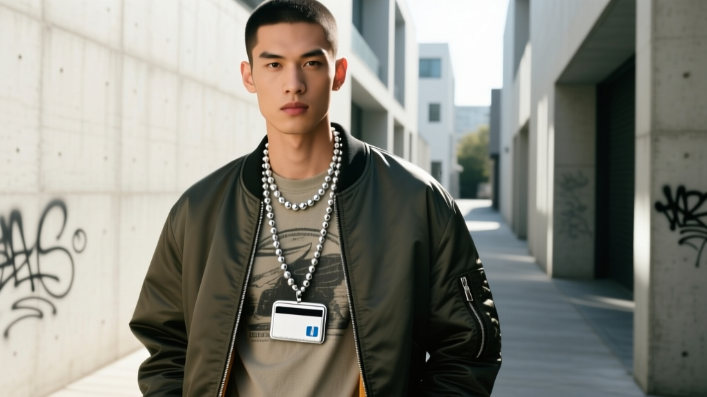Streetwear model layering a silver beaded card holder necklace over a vintage graphic tee and oversized bomber jacket in daylight.