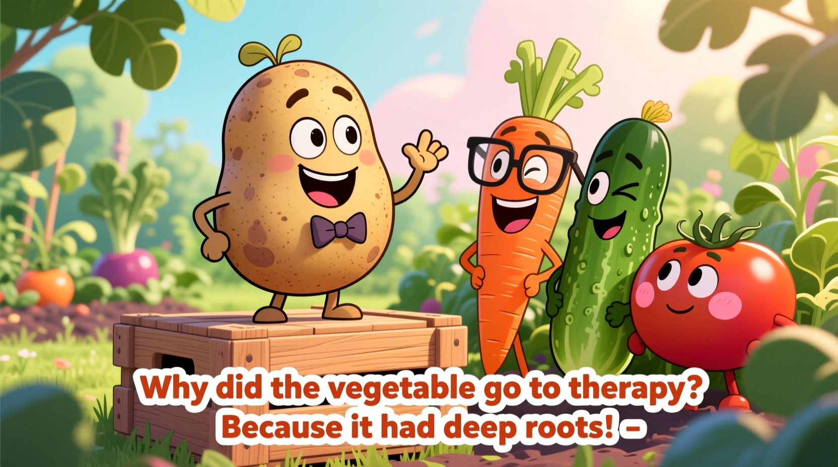 Cartoon potato telling jokes to vegetables