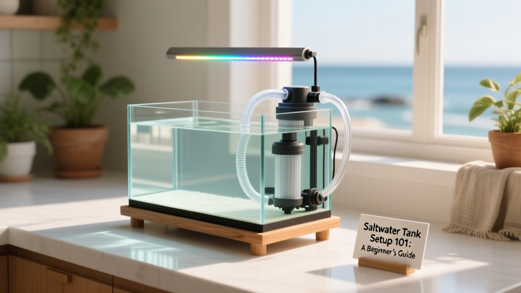 A neatly arranged saltwater aquarium setup with tank, stand, filtration unit, and lighting on a clean surface