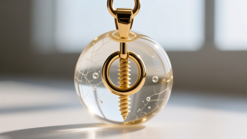 Close-up of a brass screw-eye bail embedded in a clear epoxy resin necklace bubble, showing micro-scratches on the polished surface