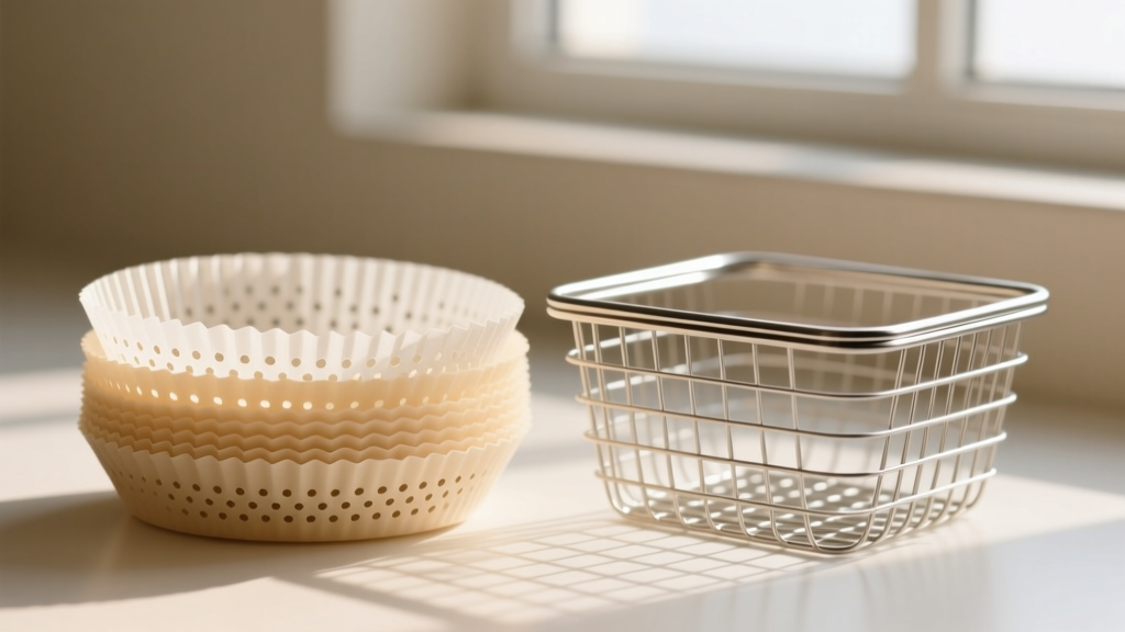Stack of micro-perforated air fryer parchment paper liners resting next to a wire basket, highlighting the tiny laser-cut airflow holes