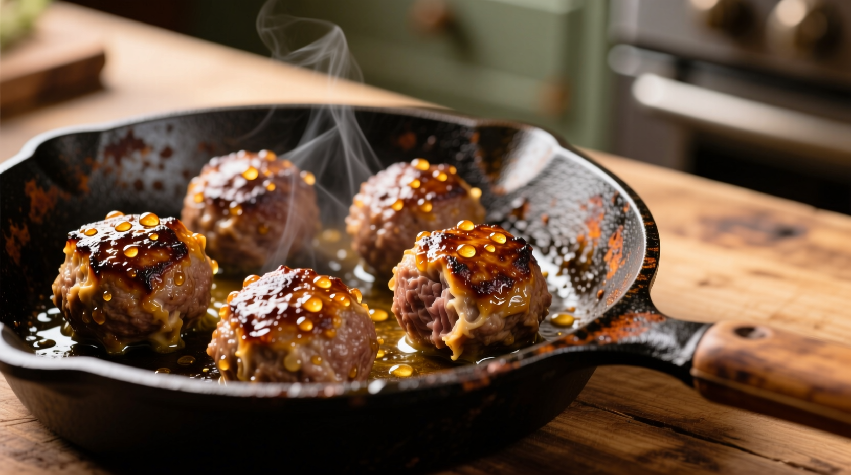 Perfectly browned meatballs sizzling in cast iron skillet