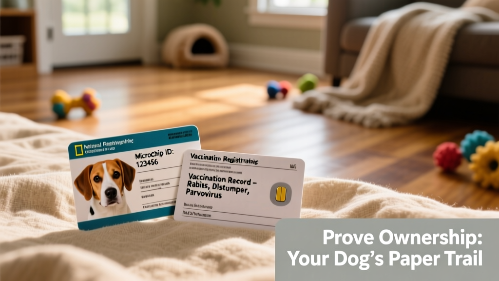 Close-up of a dog's microchip registration card and vaccination record side by side