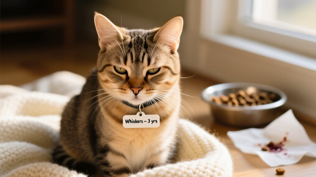 Close-up of a domestic cat looking slightly lethargic but alert, sitting on a soft blanket