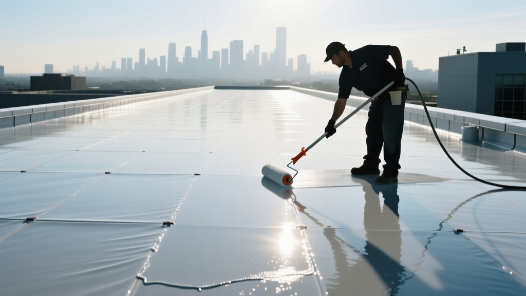 Commercial flat roof being coated with liquid polyurethane waterproofing membrane by a contractor using a roller on a sunny day