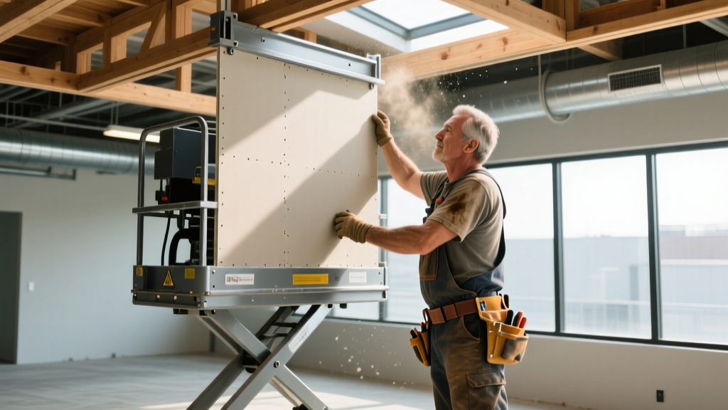 Construction worker using a mechanical drywall lift to hoist a heavy 5/8-inch gypsum board panel onto a commercial ceiling frame