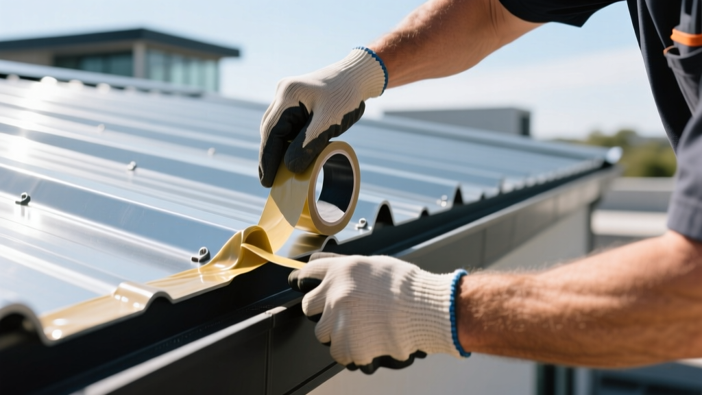 Close-up of a roofing professional applying butyl tape sealant to a standing seam metal roof joint on a bright sunny day