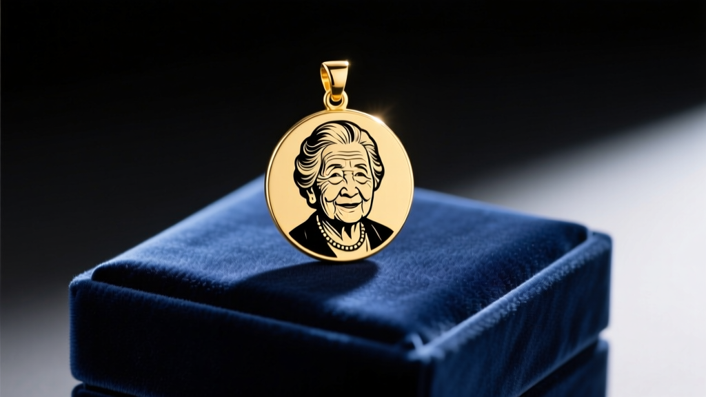 Polished 14k gold disc pendant with a laser-engraved black-and-white portrait, resting on a dark velvet gift box in soft lighting.