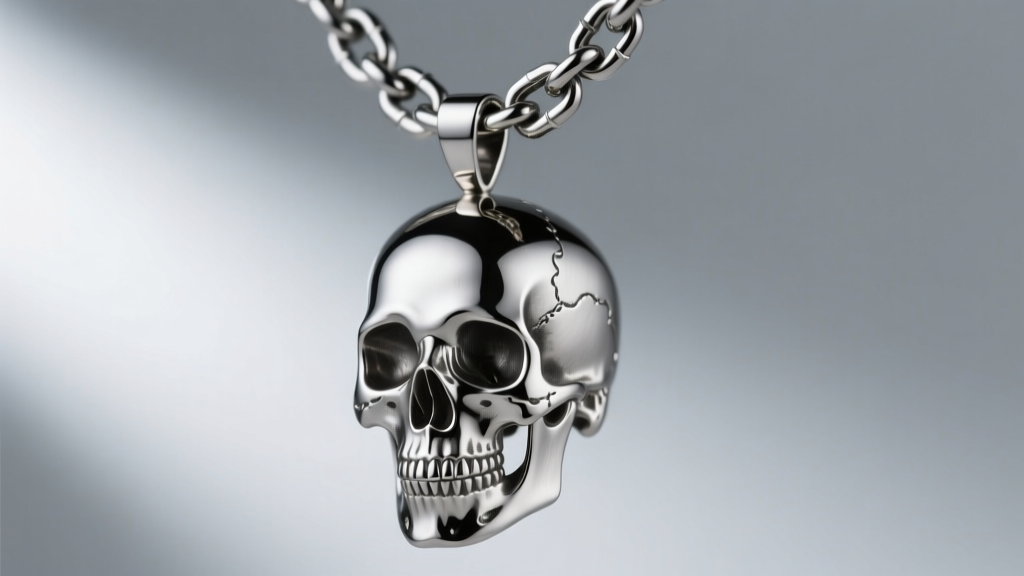 Macro shot of a 316L surgical stainless steel skull pendant with a brushed matte finish, hanging from a heavy steel cubic chain.