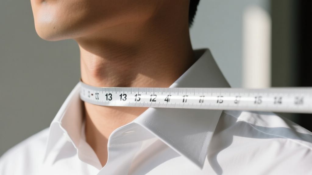 Measuring tape showing exactly 13 inches around a neck, with a crisp white shirt collar visible in the softly blurred background