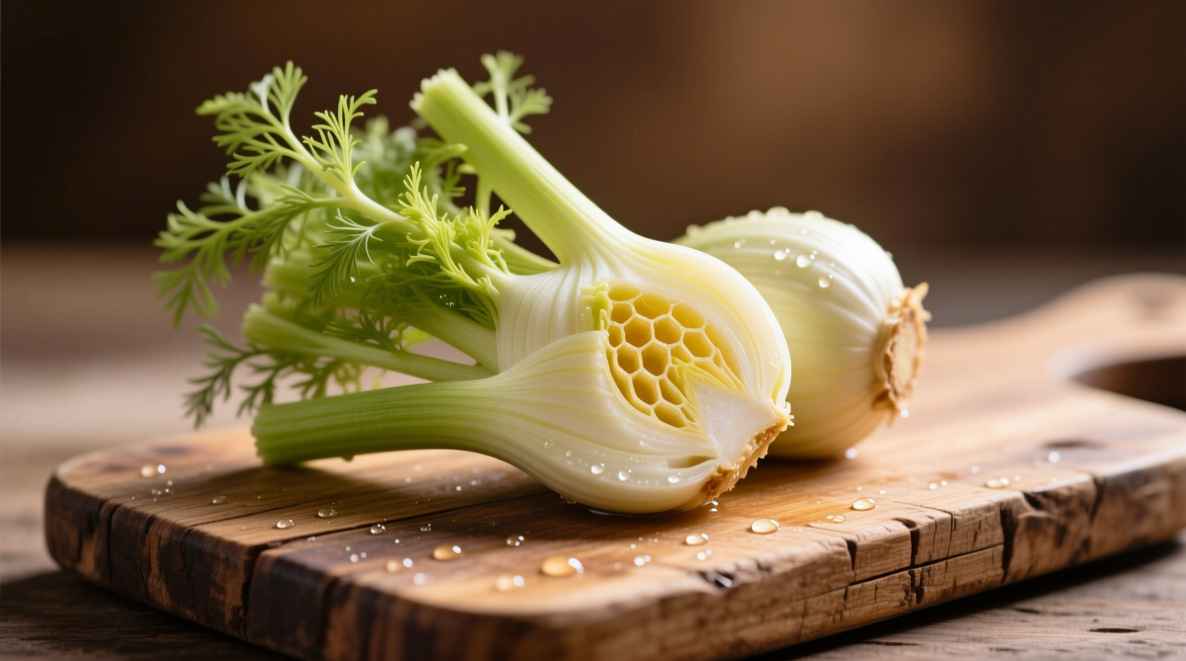 Fresh fennel bulb with feathery fronds on wooden cutting board