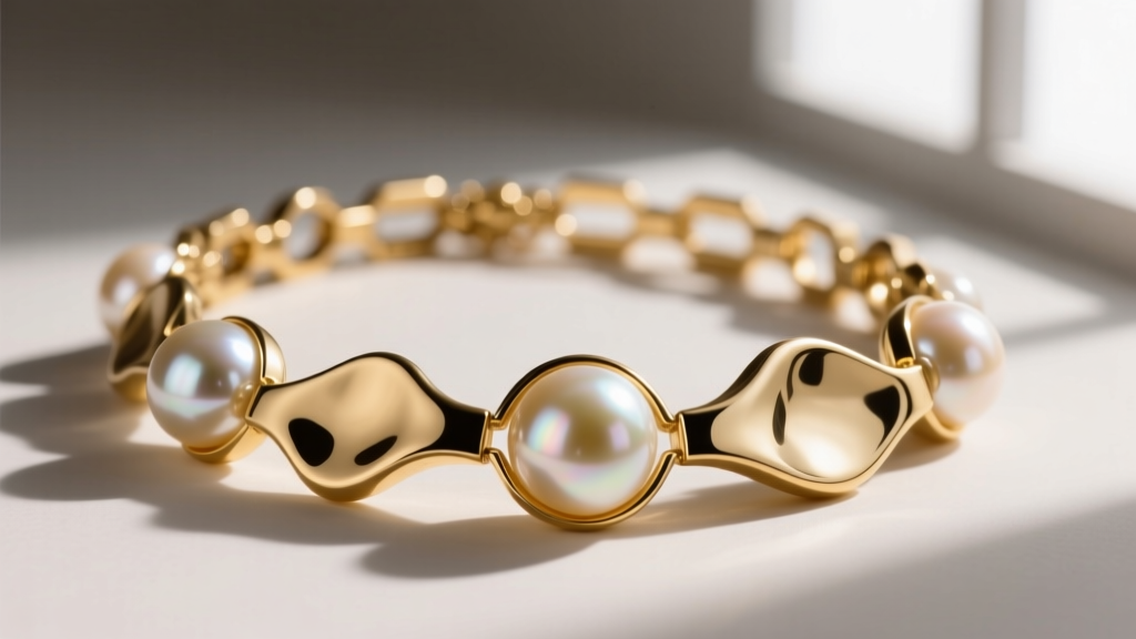 Macro shot of a sculptural gold-plated Carolina Herrera statement necklace with large baroque pearls and geometric brass links.