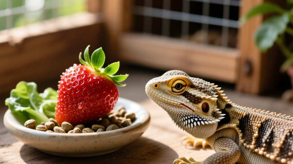 Close-up of a fresh strawberry with the green calyx intact, placed beside a bearded dragon’s food dish