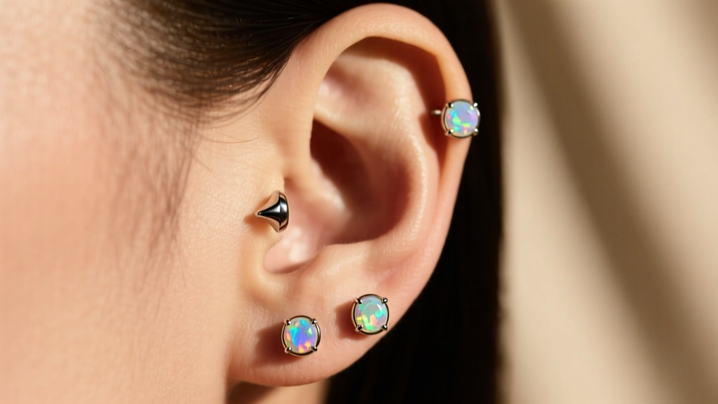 Side profile of a curated ear featuring three flat-back labret stud earrings in the helix and tragus, showing bezel-set opal gems.