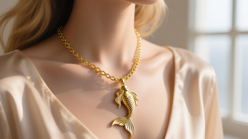 Close-up of an 18-inch gold chain with a mermaid pendant on a collarbone, showing casual cosplay jewelry styling and proper fit