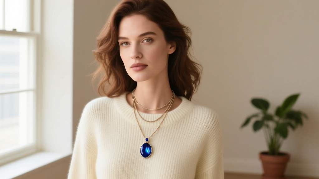 A woman wearing a layered mood necklace over a cream knit sweater, the pendant showing a deep blue color, shot in natural daylight.