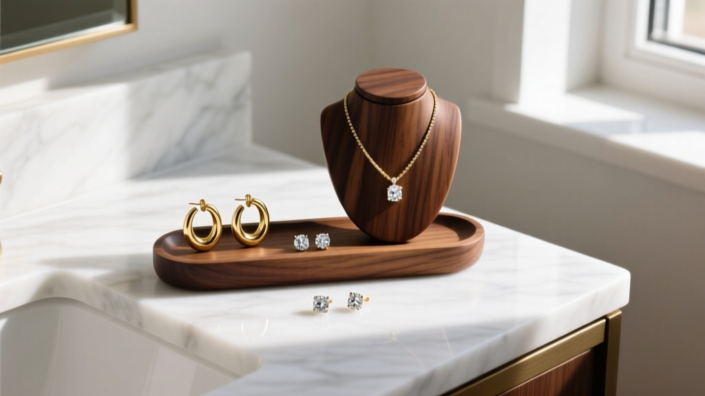 Walnut wood earring and necklace holder on a marble vanity displaying gold hoops and diamond studs in soft morning light