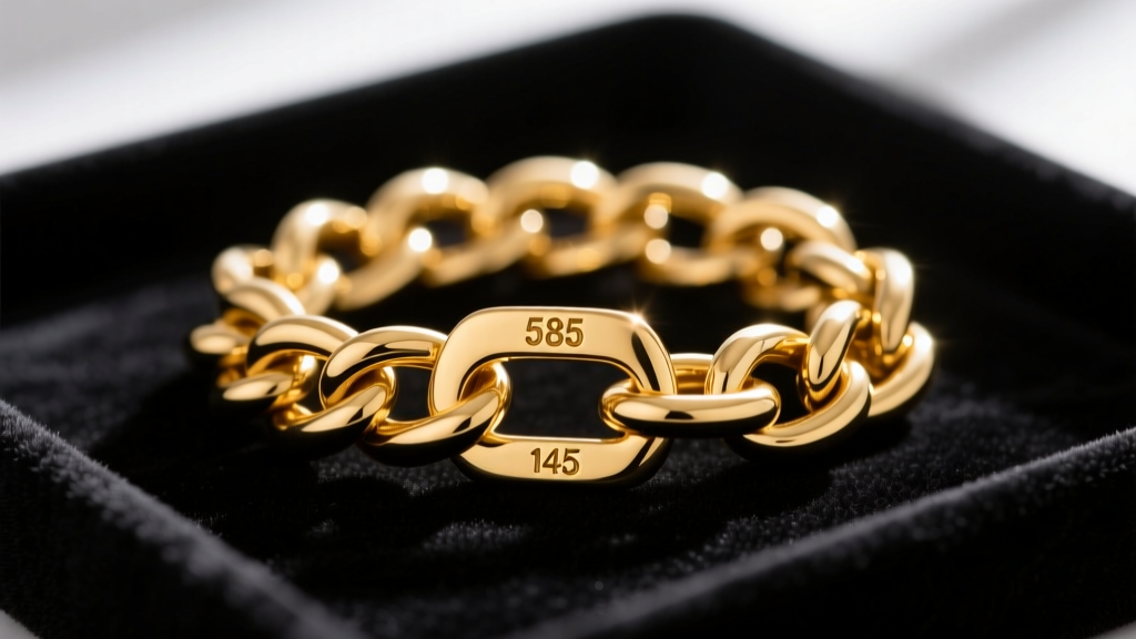 Macro shot of a 14k solid gold Cuban link chain clasp stamped with a 585 purity mark resting on a dark velvet jewelry tray