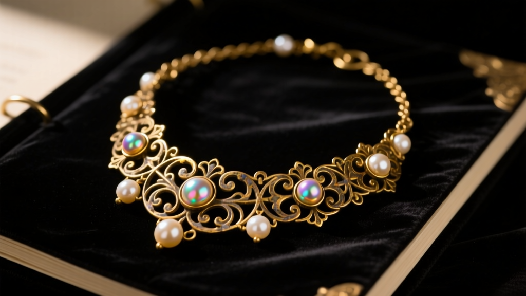 Tarnished gold-plated brass costume necklace with faux pearls on a dark velvet ledger, lit by soft moody lighting