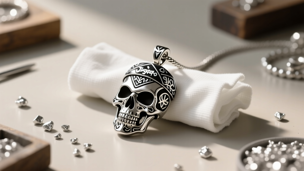Jeweler workbench showing a 3D CAD design of a Juggalo pendant next to a polishing cloth and raw sterling silver casting grains.