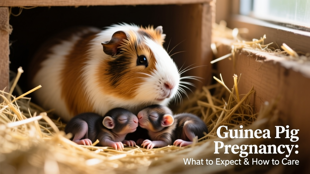A mother guinea pig nursing her newborn pups in a quiet, softly lit nesting area with fresh hay