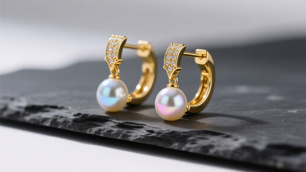 Close-up of 18k yellow gold earrings with pearl drop pendants resting on dark slate, soft lighting highlighting the nacre luster.