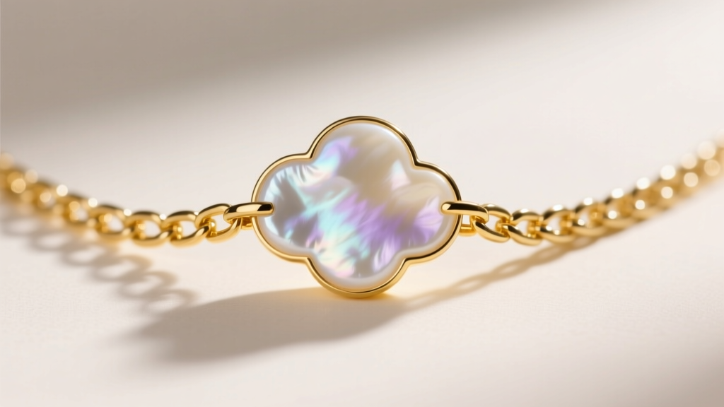 Macro shot of a 1.0mm 14k yellow gold box chain threading through a mother-of-pearl cloud bail, high detail and sharp focus.
