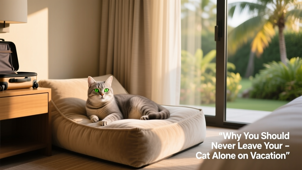 A happy cat resting on a plush travel bed inside a sunlit hotel room