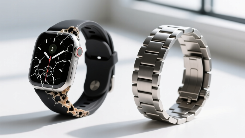 Side-by-side macro comparison of a degraded silicone watch band melted by brake cleaner next to a pristine titanium link bracelet