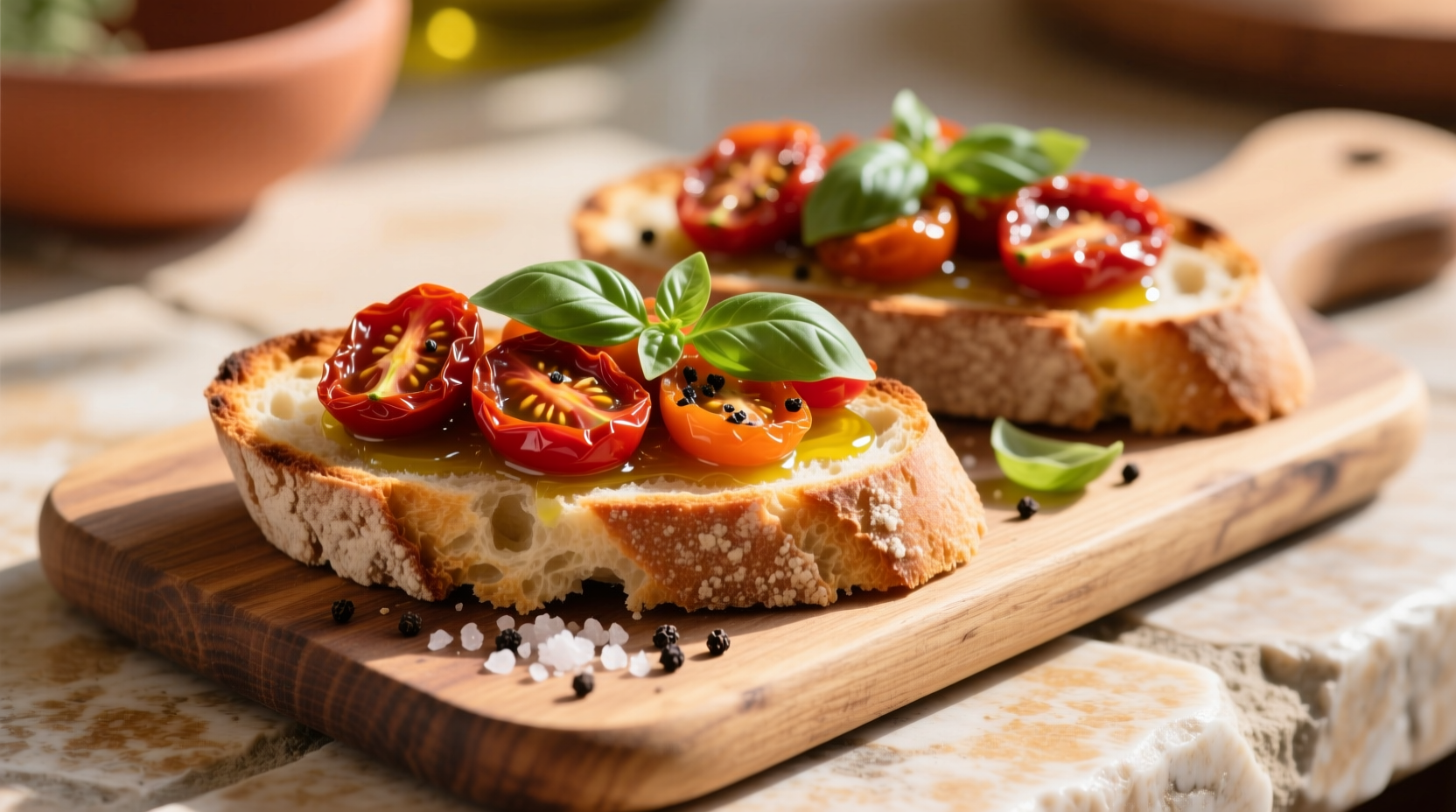 Sun dried tomato bruschetta on rustic bread