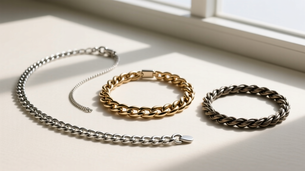 Flat lay of three band necklaces with varying chain lengths, a 20-inch box chain, 22-inch cuban, and 24-inch rope steel chain.
