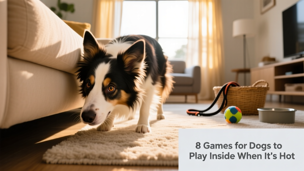 A border collie sniffing under a couch cushion during a hide-and-seek game