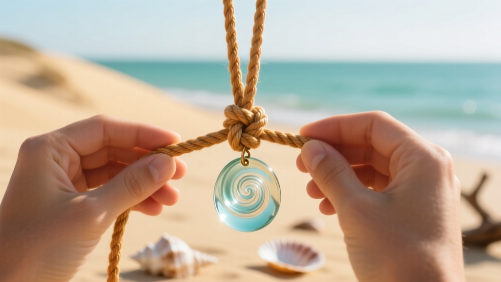 Hands tying an adjustable macrame slip knot on a waxed cotton cord holding a glass spiral pendant against a blurred beach.