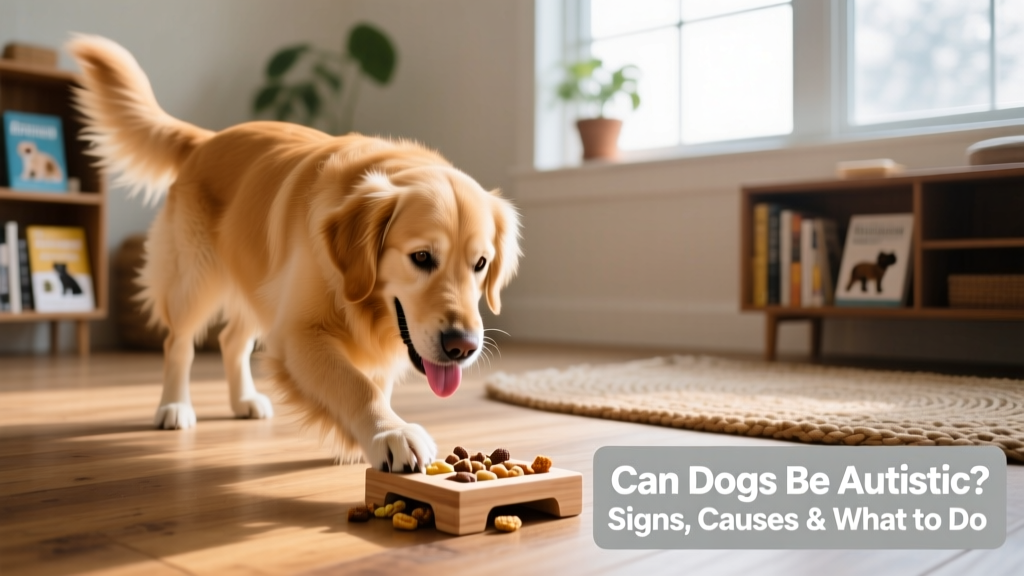 A happy, relaxed dog playing with a puzzle toy filled with treats, demonstrating focused engagement and enjoyment