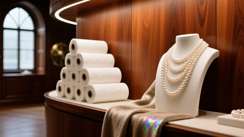 Mahogany vault interior showing acid-free cotton rolls and tarnish-proof flannel to safely store layered natural pearl necklaces.