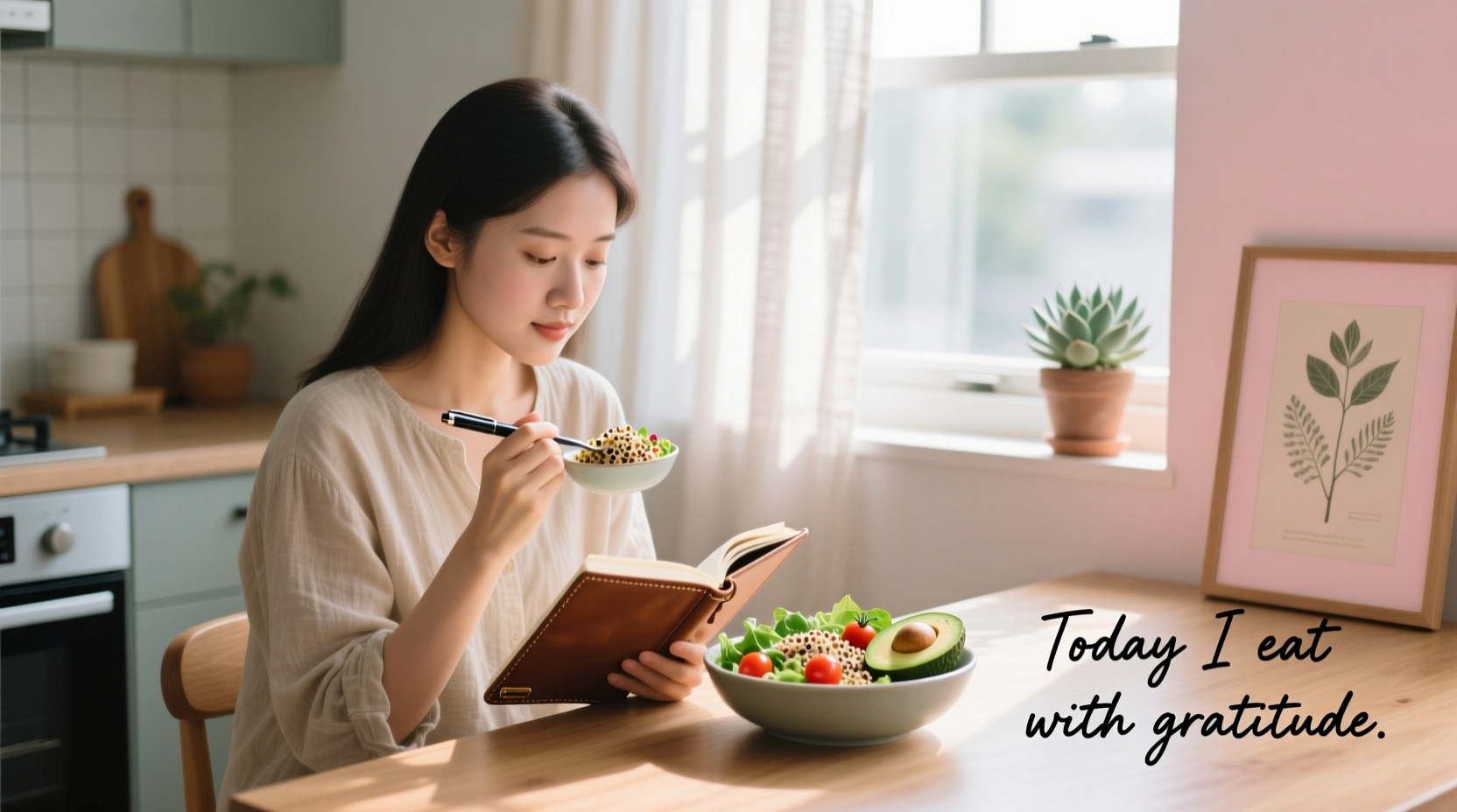 Woman practicing mindful eating with journal and healthy meal