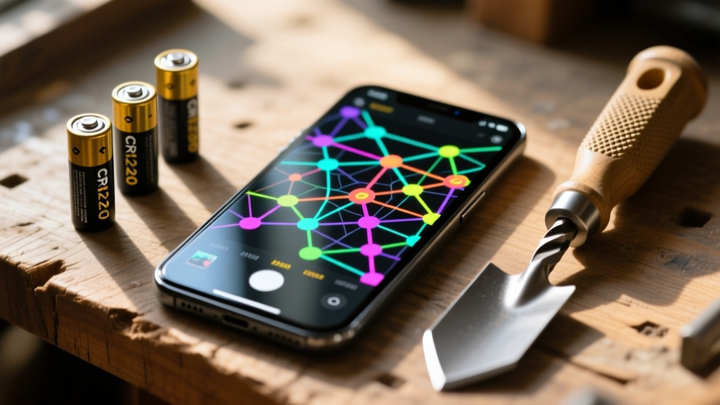 Close-up of a smartphone displaying a Thread mesh network map next to CR123A batteries and a spade bit on a wooden workbench.