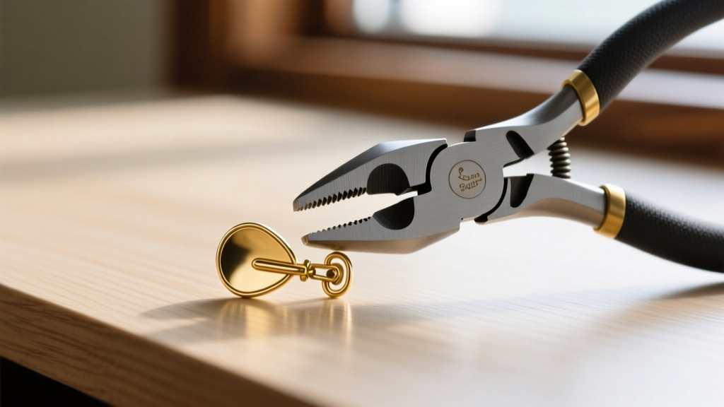 Nylon-jaw pliers carefully bending the metal hinge of a 1940s gold-tone paddle clip earring to adjust tension on a wooden desk