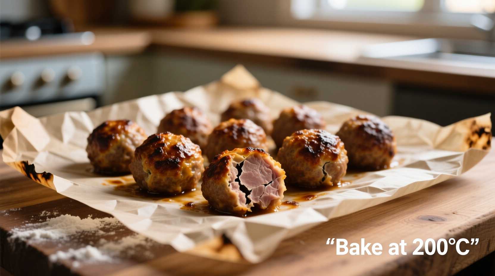 Oven-baked meatballs on parchment paper