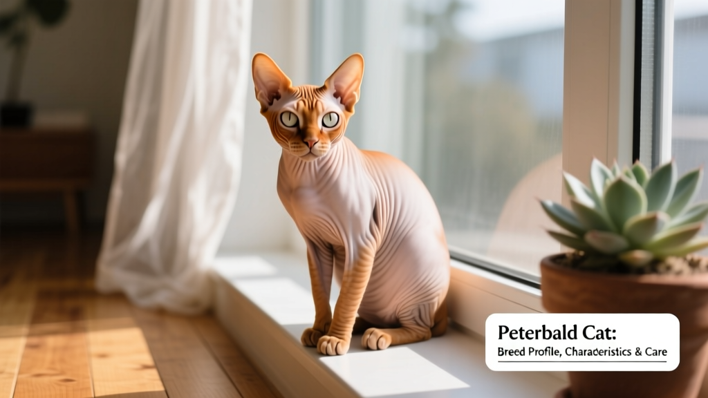 A sleek, expressive ginger Peterbald cat sitting alertly on a sunlit windowsill