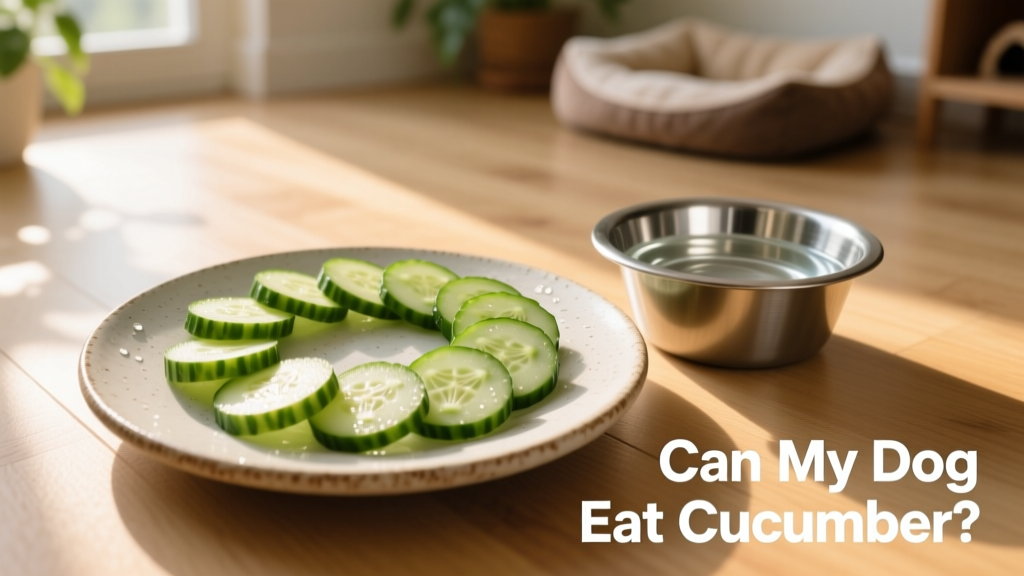 Fresh cucumber slices arranged neatly on a pet-safe plate beside a water bowl