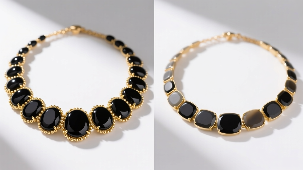 Side-by-side view of a genuine onyx VC necklace and a replica, highlighting differences in gold beading and stone inlay depth.